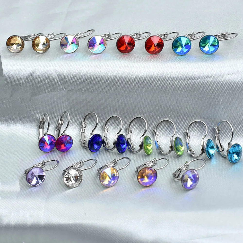 8MM Round Crystal Drop Earrings Stainless Steel Blue Geometric Jewelry Wedding Party Gift