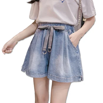 

Stylish Girl Woman Casual Loose Wide Leg Elastic High Waist Pocket Denim Shorts