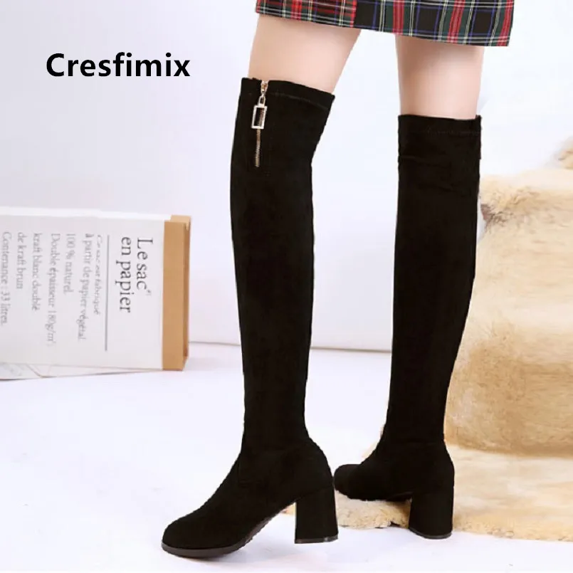 Cresfimix botas/женские модные высокие сапоги выше колена высокого качества на высоком каблуке Женская Повседневная Милая зимняя обувь черного цвета крутые сапоги a7071