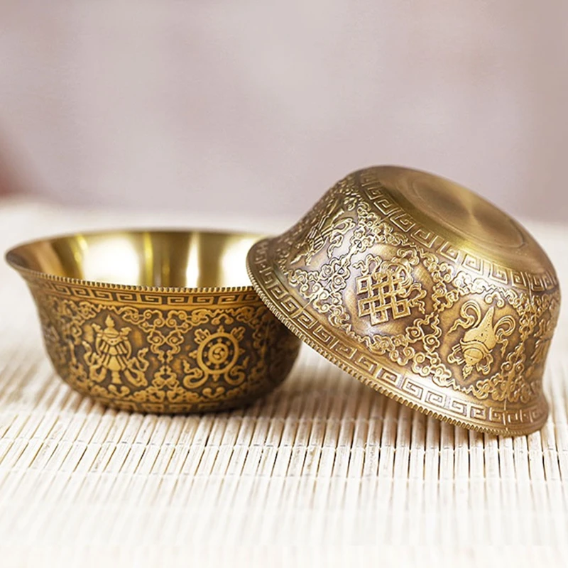 

Relief Pure Copper Drinking Bowl Pure Carved Auspicious Tibetan Holy Water Cup Golden Buddhist Bowl Home's Gift Decorative