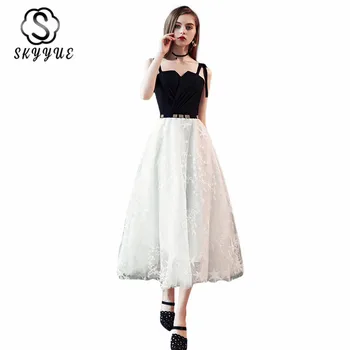 

Prom Dresses Skyyue ER257 Black White Pactwork Tea Length Prom Dress Elegant Strapless Spaghetti Strap Women Party Vestidos