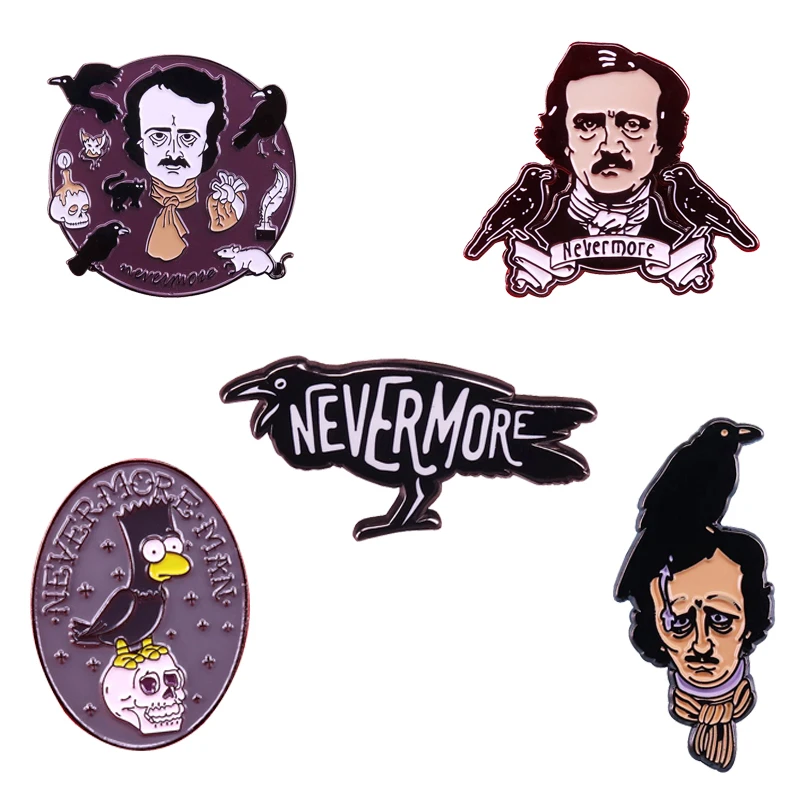 Эмалированная булавка Эдгара Аллана По, ворона Nevermore, Готическая жуткая страшная брошь на Хэллоуин, страшные украшения