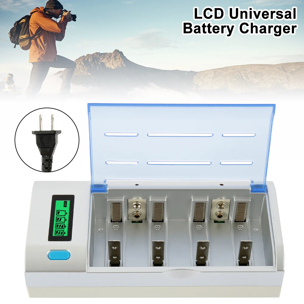 

1.2V 4 Slots AA / AAA / C / D Size or 2 Batteries of 9V Ni-MH/Ni-CD Quick Charge with LCD Display EU US Plug Battery Charger