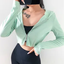 Весна осень стиль тонкая куртка на молнии облегающая футболка с длинным рукавом для йоги женский укороченный Топ Тонкий с капюшоном фитнес-Футболка Топ