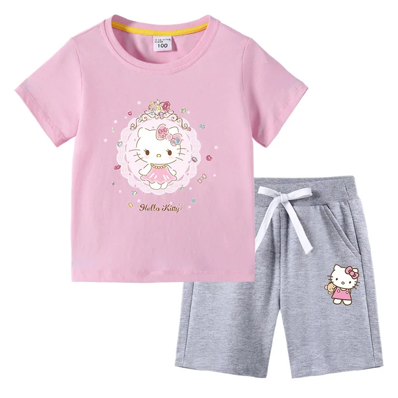 thumbnail image 1 of Hello Kitty-Camiseta de algodón con estampado de dibujos animados para niños y niñas, traje de dos piezas con pantalones de manga corta, verano, 1 of 4