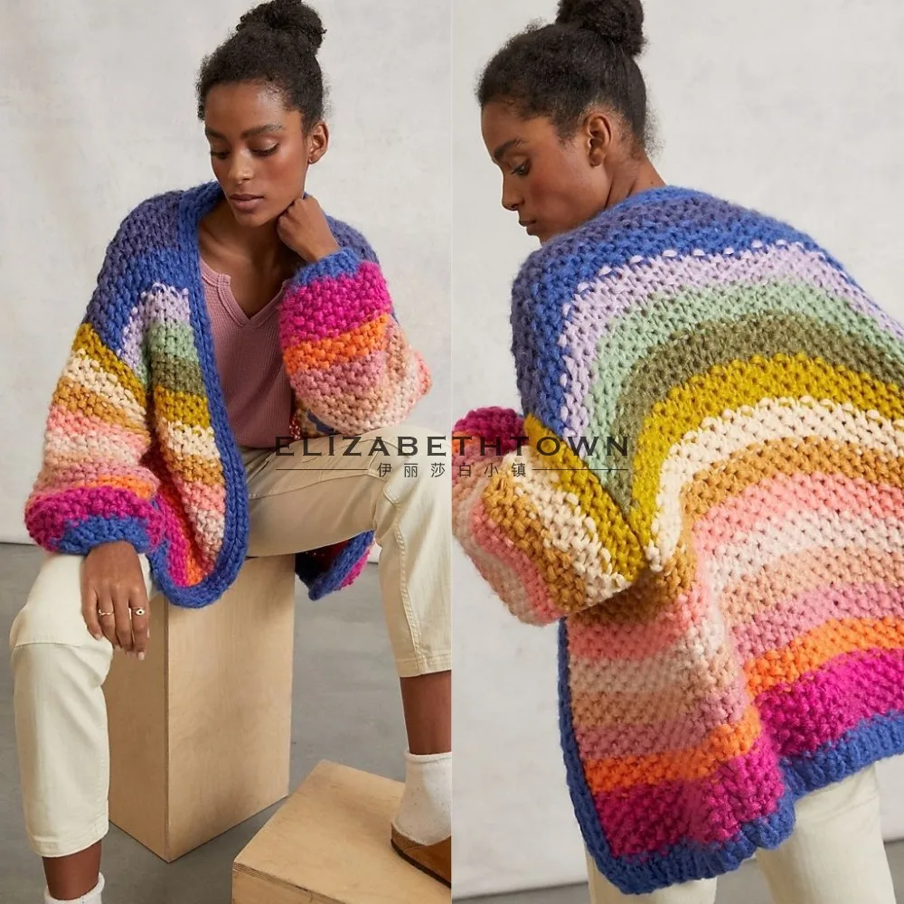 アウターその他 Fallett Crochet Striped Knit Cardigan Green FA2302KT08IV Uncharted Threads Multicolor Stripe Chunky Knit Cardigan