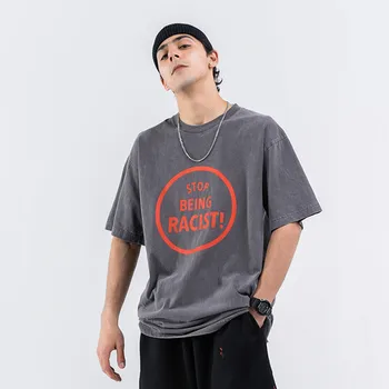 

Male Streetwear Hip Hop Loose Shirt Men Summer New Vintage Old Washed Letter Print Short Sleeve T-shirt