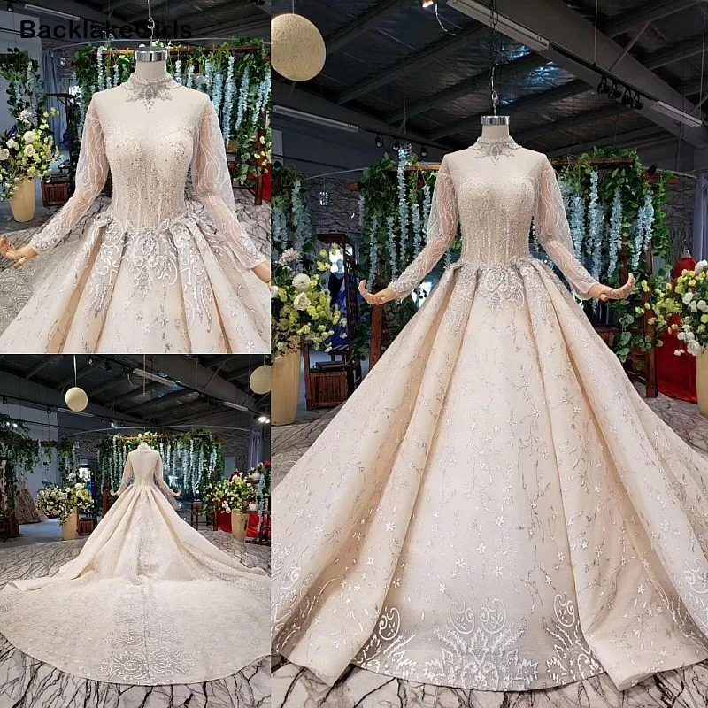 Sheer High Neck Applique Tulle Wedding Dress Sexy 2020 Illusion Backless Long Sleeve Princess Crystal Muslim Boho Gowns | Свадьбы и