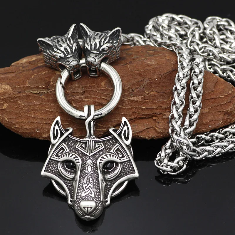 Мужское ожерелье из нержавеющей стали с головой волка и подвеской в виде воина викинга - Окраска металла: Chain pendant E