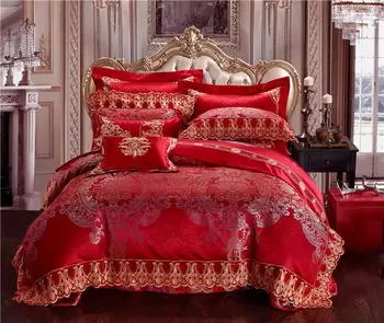 

4/6/10Pcs Luxury Cotton Satin Lace Red Wedding Bedding set Queen King size Duvet cover Bed/Flat sheet bed spread set Pillowcase