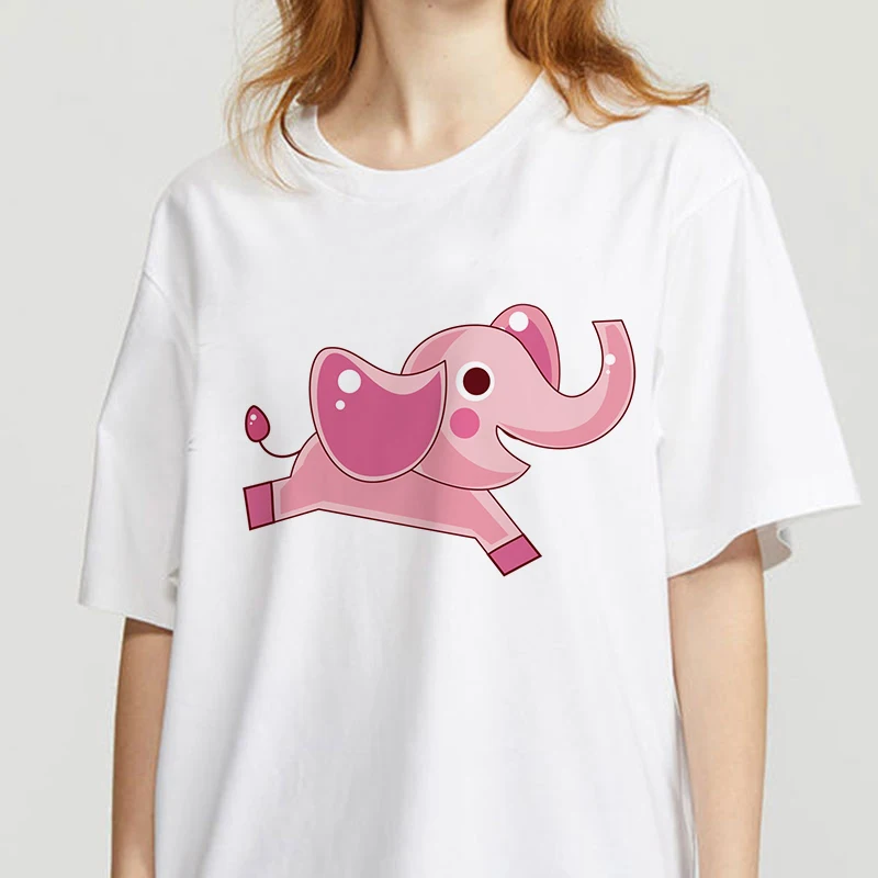 Women's T-shirt Summer Kawaii Elephant Print Basic O-Neck Girl Ladies Streetwear Harajuku Graphic Tees | Женская одежда