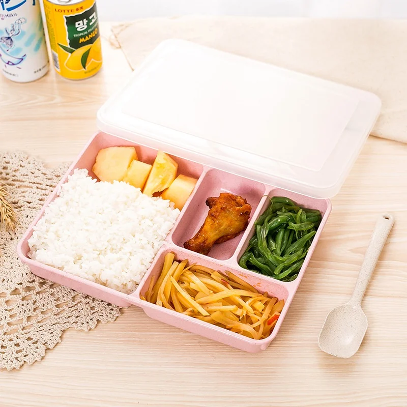 

4Grids Wheat Straw Compartment Sealed Lunch Box Portable Bento Box With Spoon For Microwave Heating Food Storage Container