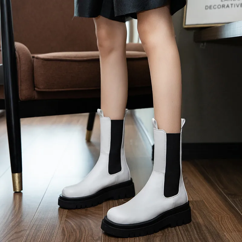 

YMECHIC Autumn Winter 2024 New Reach Mid Calf Slip on Platform Boots Wedges Shoes for Women White Black Chelsea Boot Chunky Heel