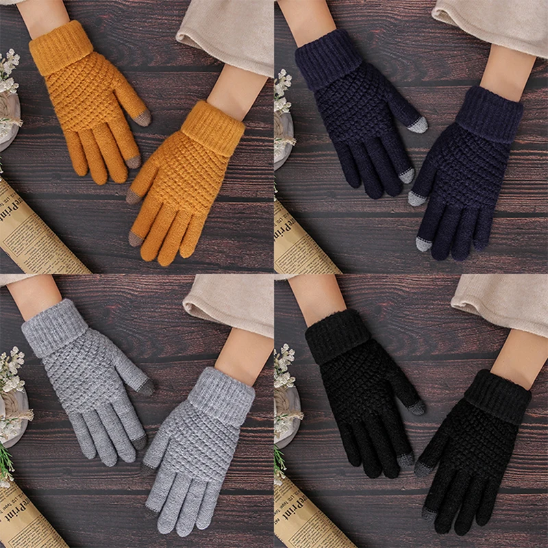 Men Women Knit Mittens Winter Magic Touch Screen Knitted Gloves Thicken Full Fingers Gloves Warm Glove Stretch