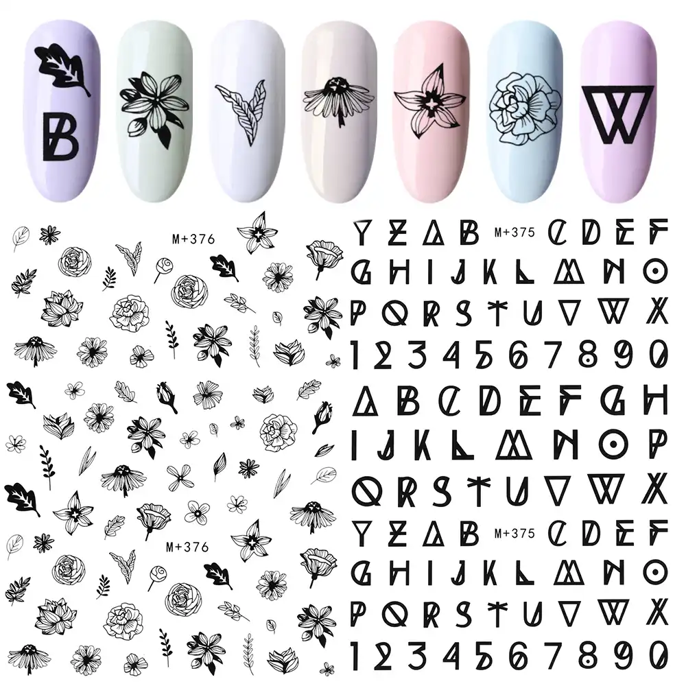1pc Lettre Numéro Floraison Fleur Ligne Rose Eau Décalcomanies En Relief Autre Fleur Anglais Bricolage Nail Art Autocollants Manucure