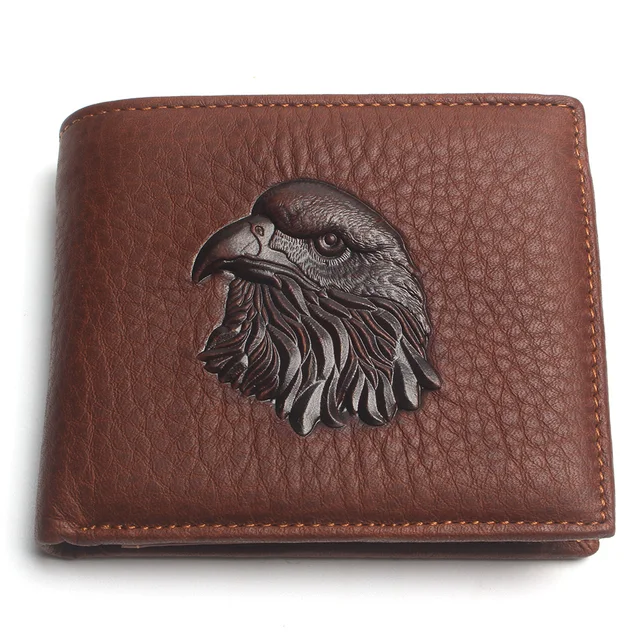 Eagle Head Embossed Wallet For Men Fashion Man Genuine Leather Wallets Cowhide Coin Purse Brown