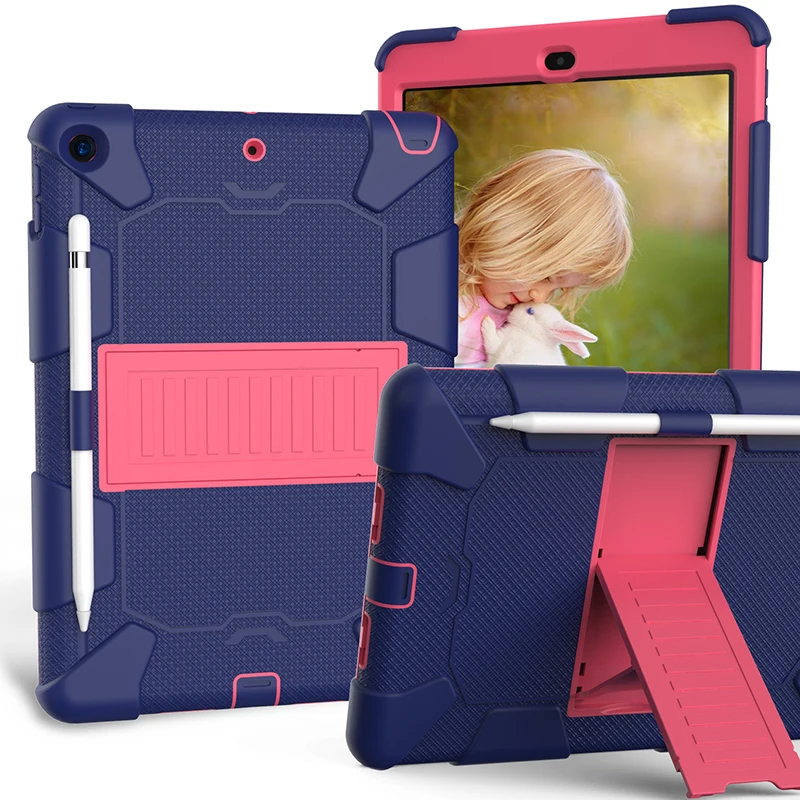 Прочный силиконовый чехол с подставкой и карандашом для iPad 10,2 7-го поколения, противоударный защитный чехол+ ручка - Цвет: navy rose