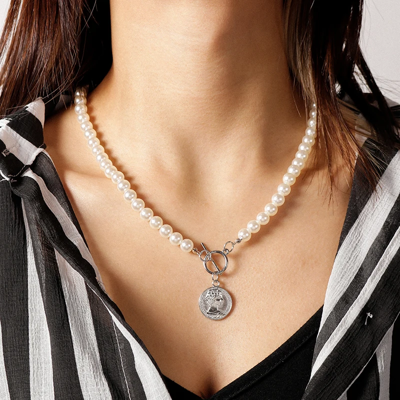 Trendy Gold Silver Color Coin Portrait Pendants Necklaces for Women Chunky Pearl Chain Girl Party Jewelry Gifts | Украшения и