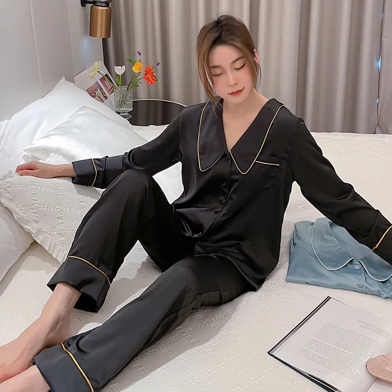 Ice Silk Pajamas Women's Spring And Autumn Silk Long Sleeve Two Piece Suit Cardigan French Collar Elegant Sleepwear