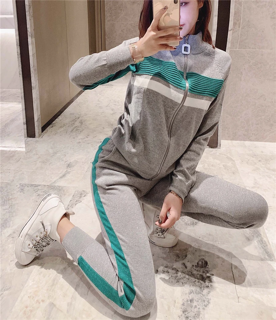 co ord sets women Spring New Casual Knit Sweashirt Zipper Cardigans and Trouser Two piece set Women Blue/Pink/Gray Long Sleeve Knit Coat Suit two piece sets