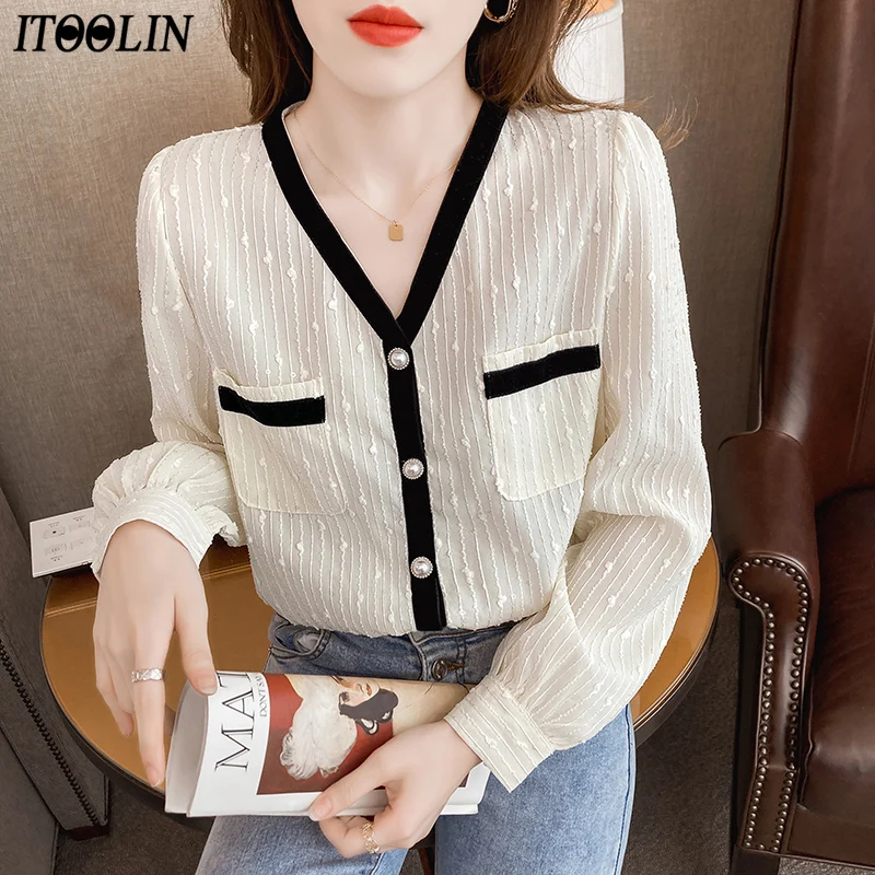 ITOOLIN Fashion Stripe Blouse Women V-Neck Jacquard long sleeve tops shirt Streetwear Elegant office ladies blouse 2022 | Женская одежда