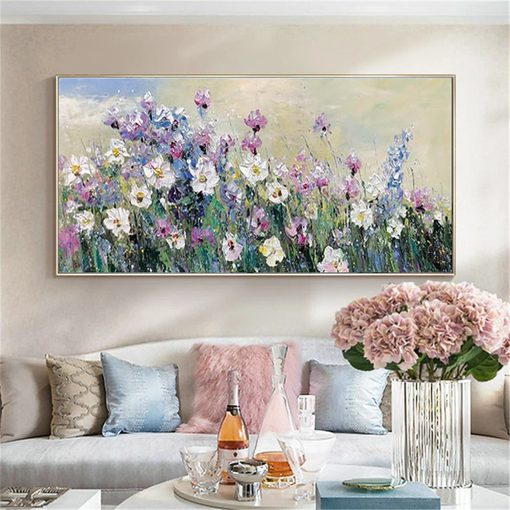 

Hand-Painted Beautiful Oil Painting Knife Pattern Grassland Flowers Drawing Cloth Pattern Home Mural Decor Living Room Wall Art