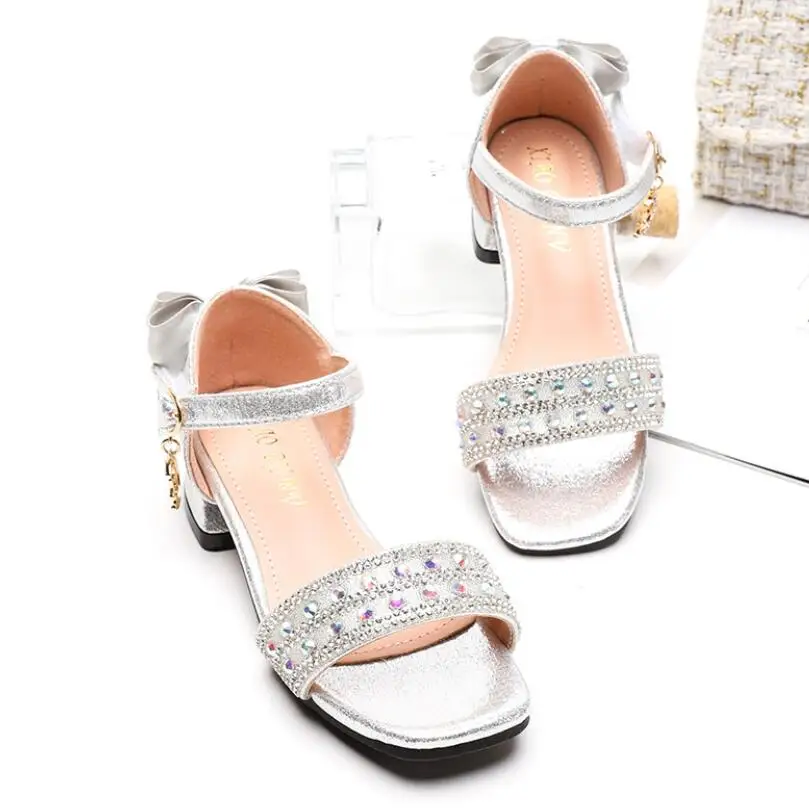 

SKHEK Princess Kids Leather Shoes For Girls Flower Casual Glitter Children High Heel Performance Shoes Knot Pink Silver Sandals
