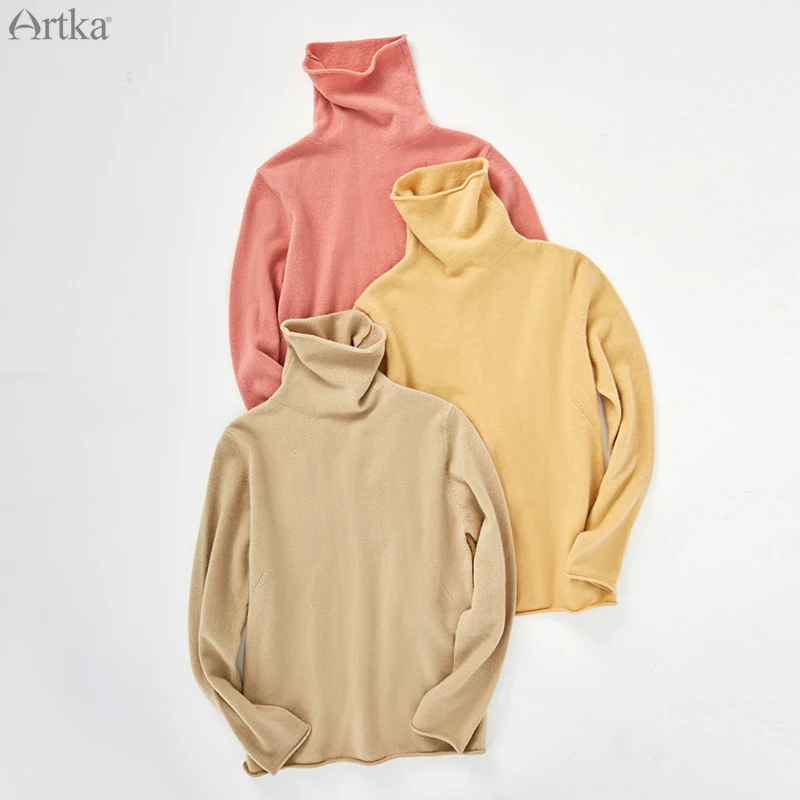 ARTKA Autumn Winter New Women Sweater Multicolor Pure Wool Sweater Turtleneck Pullover Wool Knitted Sweaters YB11791D