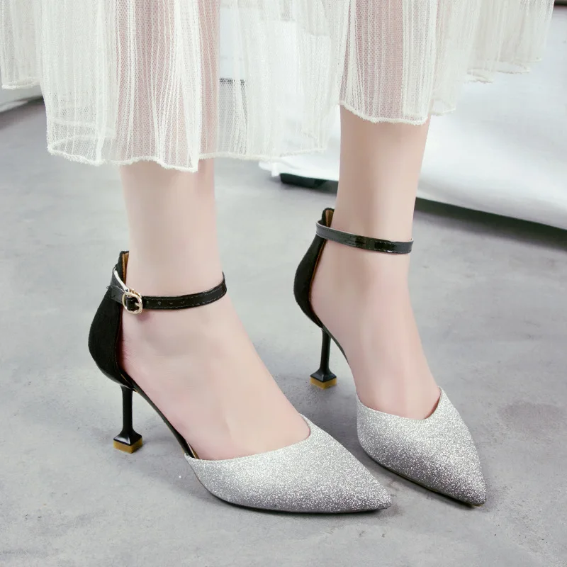 

New Style Sequin Spool Heels Straight-line Buckle Shoes Women's Hallow High-heeled Sandals Women's Mixed Colors Banquet WOMEN'S