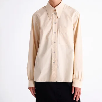 

Cotton 100% Minimalism Shirt Women Brand Office Lady Clothing Navy Cream Long Sleeves Autumn Blouse Career Business Leisure Top