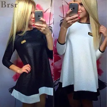 

New Fashion 2020 Vestidos Women Casual Loose Spade Print Leather Zipped Black & White O-Neck Plus Size Mini Party Tops