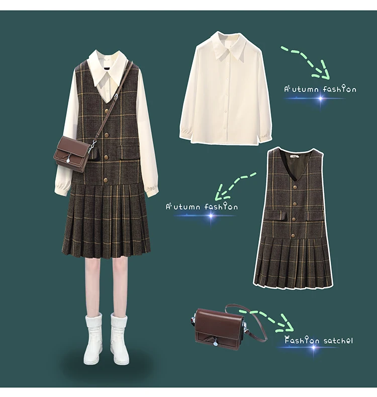 Trytree/осенне-зимний комплект из двух предметов; Повседневная однобортная блуза с отложным воротником+ платье в клетку; плиссированный комплект трапециевидной формы; комплект из 2 предметов