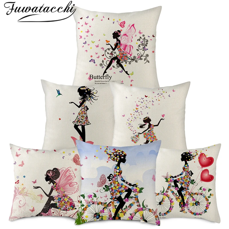 

Fuwatacchi Pure Linen Cushion Cover Gorgeous Cartoon Girl Pillow Cover for Home Chair Sofa Decorative Pillowcases 45x45 Cm