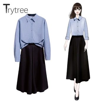 

Trytree Spring Autumn Women Two Piece Set Casual Turn-down Collar Single Breasted Shirt Tops + Wide leg pants Solid 2 Piece Set