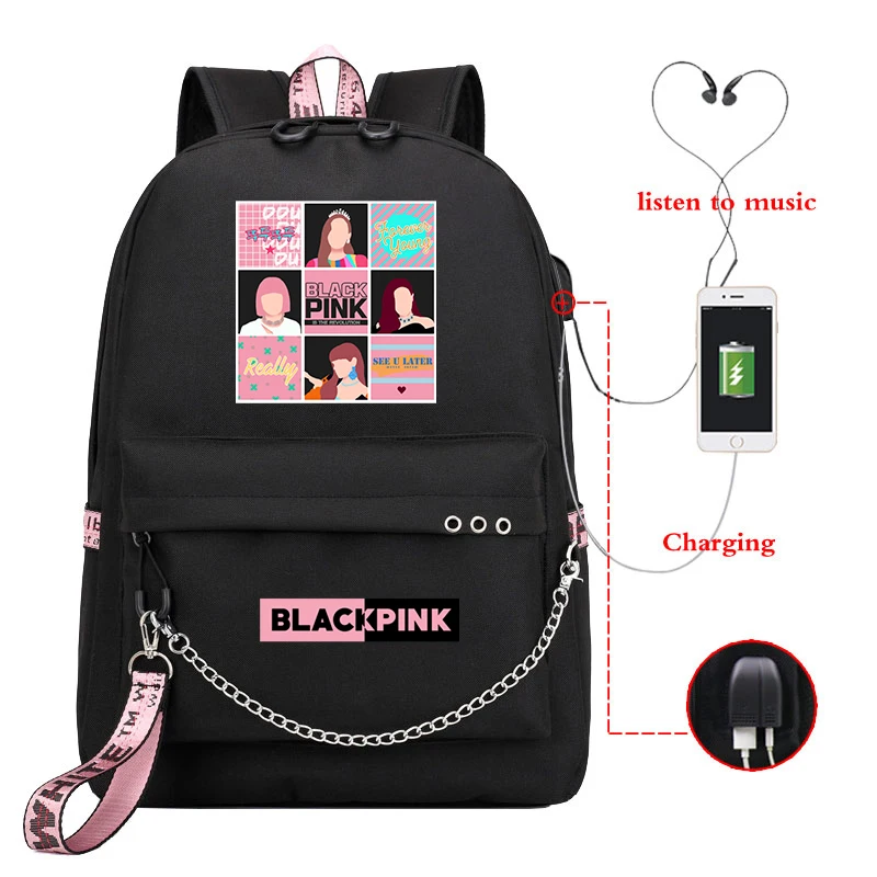 Mochilas Mujer,, Kpop, черный, розовый, розовый, Лиза, рюкзак для женщин, девочек, школьные сумки, зарядка через usb, рюкзак для ноутбука, Sac A Dos Femme