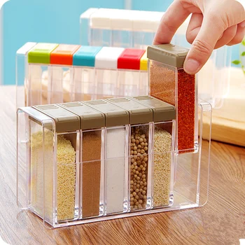 

Transparent plastic 6 grids seasoning storage box Container salt and pepper mill spice rack condiment set kitchen accessories