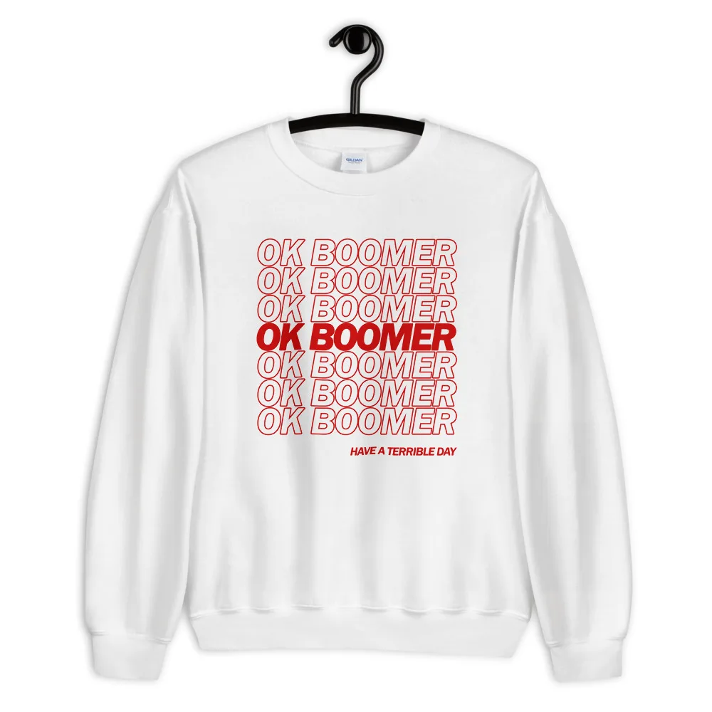 Белый Женские свитшоты OK Boomer с принтом на осень и зиму, свитшоты с длинным рукавом, повседневные свободные топы унисекс, мужские свитшоты OK Boomer - Цвет: Белый