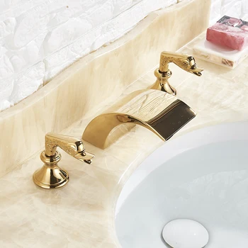 

FMHJFISD New Golden Waterfall Bathroom Faucet Deck Mount Widespread Bathroom Tub Sink Faucet Chrome Basin Mixer Tap Hot Sale