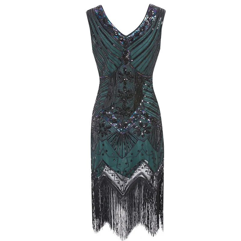 green dress С верхней частью в виде крыльев Размеры 1920s Хлопушки платье Великий Гэтсби Вечерние вечернее блестящее Расшитое Бисером И Бахромой Винтаж V образным вырезом Для женщин платья - Цвет: green dress