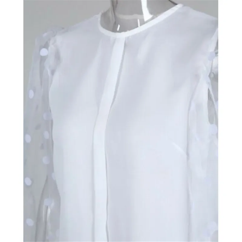 Винтажная блузка с прозрачным рукавом, сексуальная блуза в горошек с круглым вырезом, Женская Офисная рубашка, туника, повседневные свободные топы размера плюс, блузки