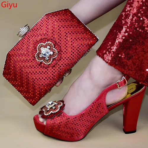 

doershow nice Shoes and Bag Set African Sets 2019 red Color Italian Shoe Bag Set Decorated with Rhinestone High Quality!!HTY1-2