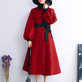 

HAMALIEL Winter Women Lantern Sleeve Woollen Outerwear Vintage Single Breasted Tweed Thicked Warm Ladies Red Sashes Wool Coat