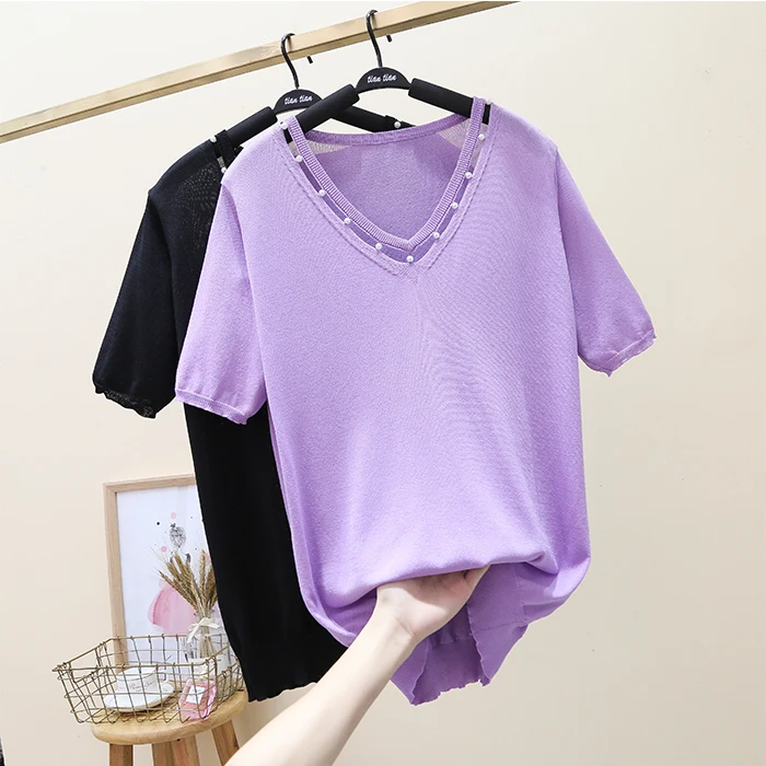 

Add Fertilizer To Increase The Size of Women's Summer New Ice Silk Sweater Loose V-neck Beaded Bottoming Shirt Women's Tops
