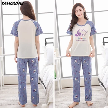 

2019 Summer Cotton Pajama Sets For Women Girls Cute Cartoon Outfits Pyjama Long Pants Sleepwear Homewear Home Clothing Plus Size