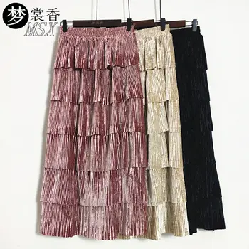 

2020 Winter Vintage Ladies Women Black Velvet Ruffles Long Skirt , Autumn Casual Female Woman Velour High Elastic Waisted Skrits