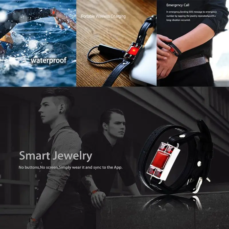 

For SHAREMORE Smart Bangle Men Leather Bracelet Wristband Stone Jewelry Gifts Emergency Call Personal Security Wireless Recharge