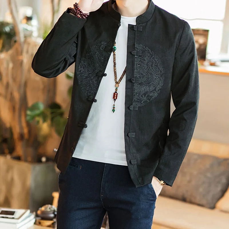 Dragon Bomber Jacket Male Traditional Chinese Coat Jacket Clothing For Men Mandarin Collar Oriental Jackets KK3149