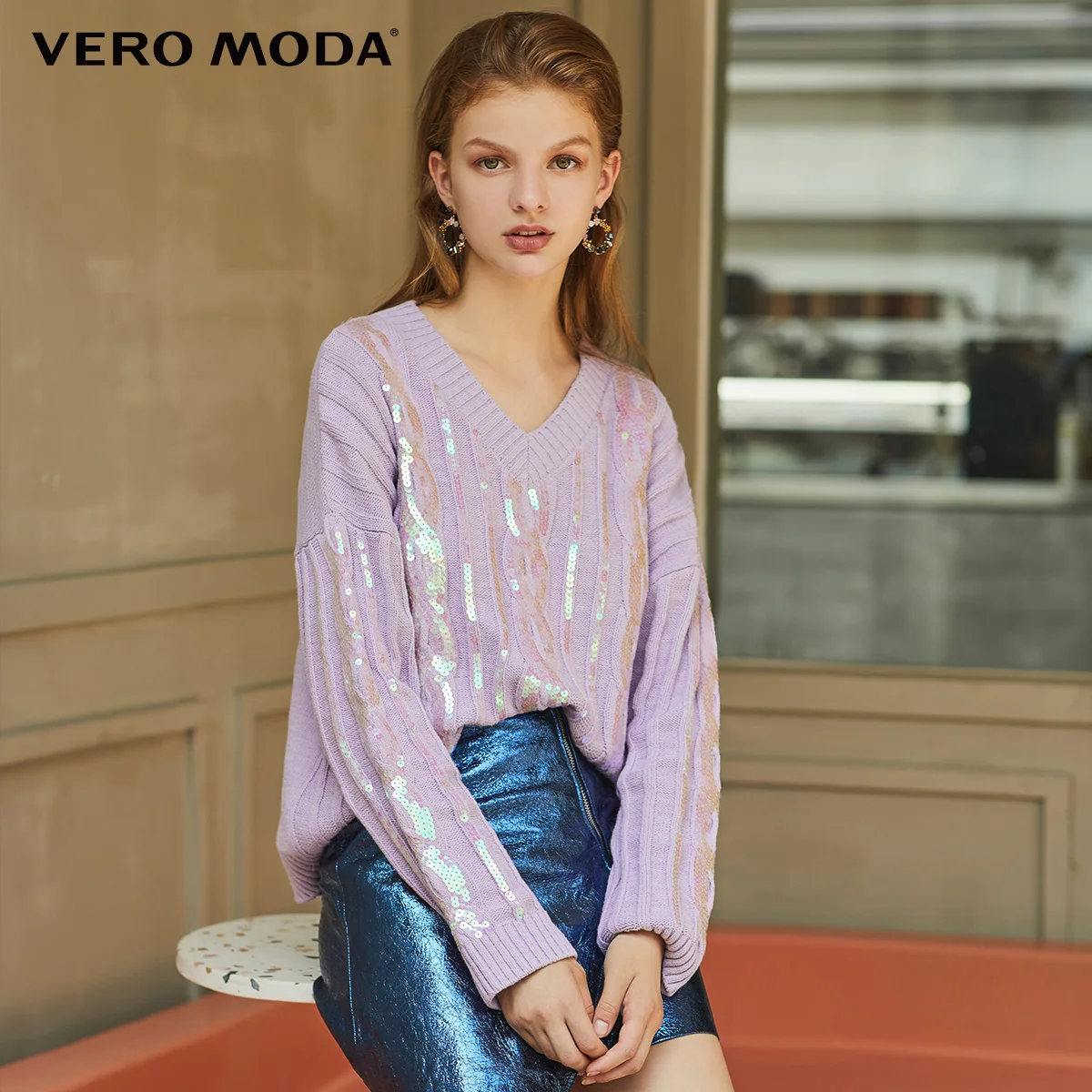 Vero Moda Новая женская свободная посадка v-образным вырезом блестка баллон рукава Падение плеча вязать | 319424517