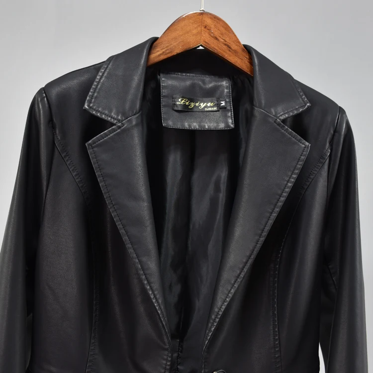Blazer Leather Coat Woman Autumn Suit with Long Sleeves Thin PU Leather Korean OL Classic Black PU Leather Outerwear Top