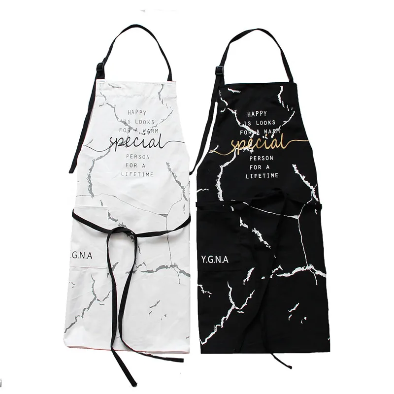 INS Nordic Cotton Apron Black White Marble Cooking Aprons For Men Women with Big Pocket Bib Overalls Kitchen Baking Accessories